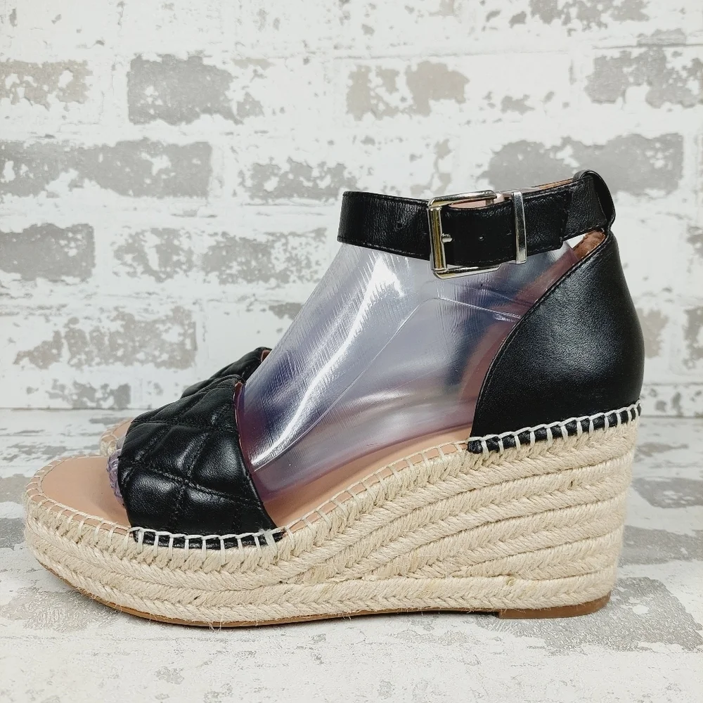 NEW Nordstrom Armen Black Leather Slip On Buckle Ankle Strap Wedge Sandals H205